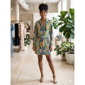 Y2K Caché Geometric Print Shirt Dress Mini Front Tie Button Down Long Sleeve 12